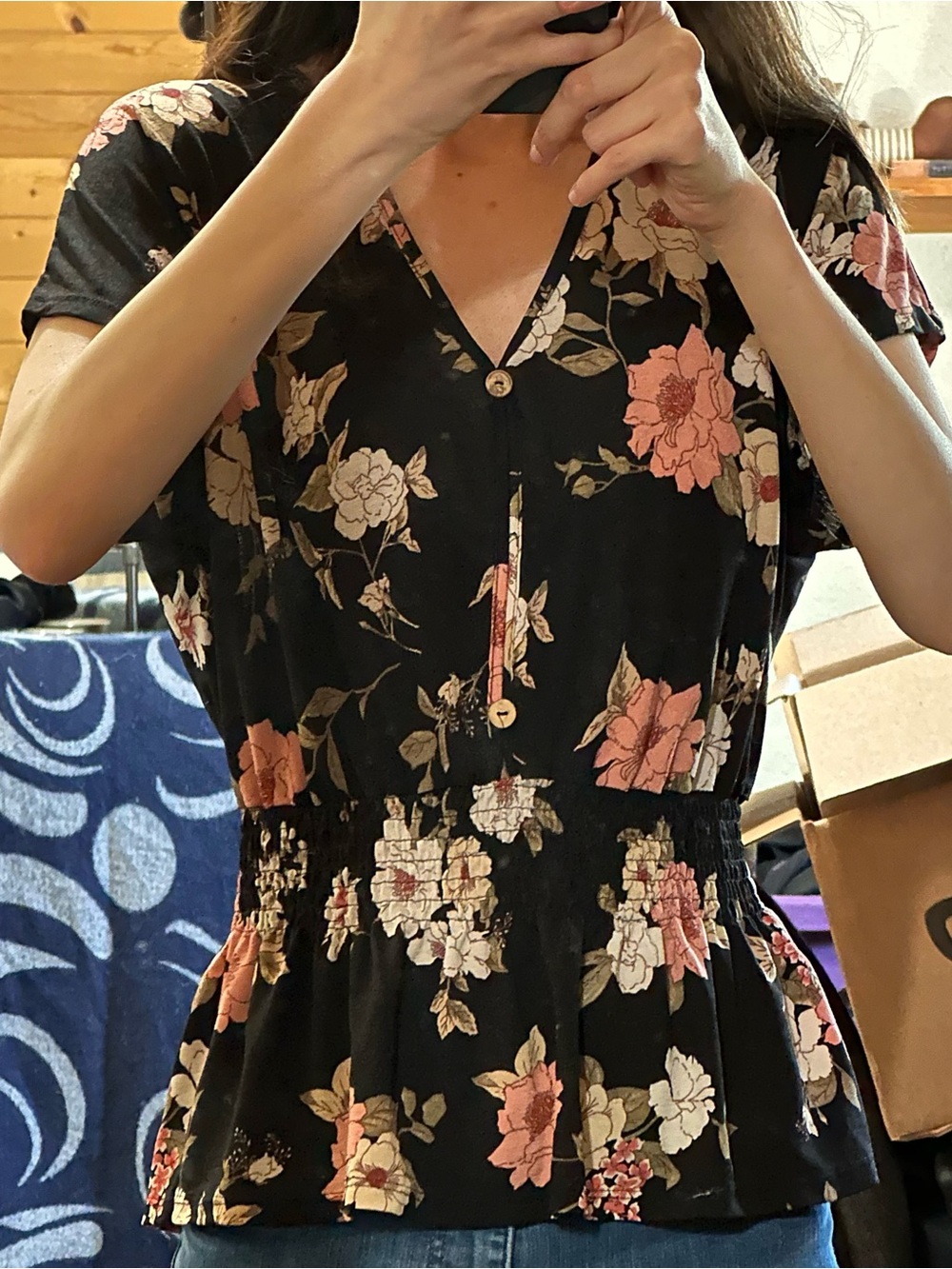Lavish Black Floral V-Neck Peplum Blouse